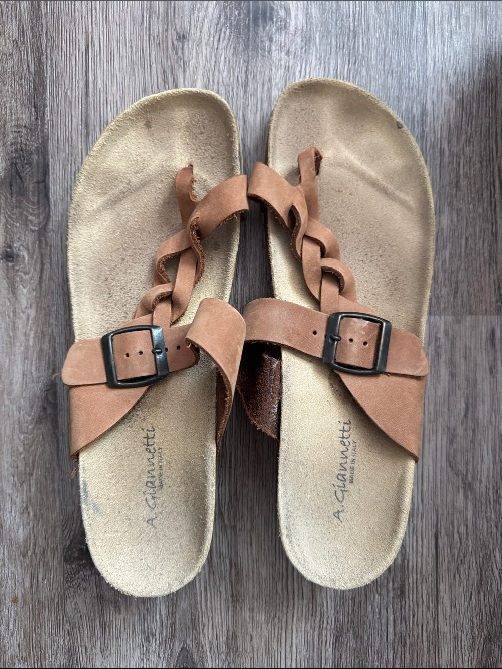 A. Giannetti Tan Braided Strap Buckle Sandals